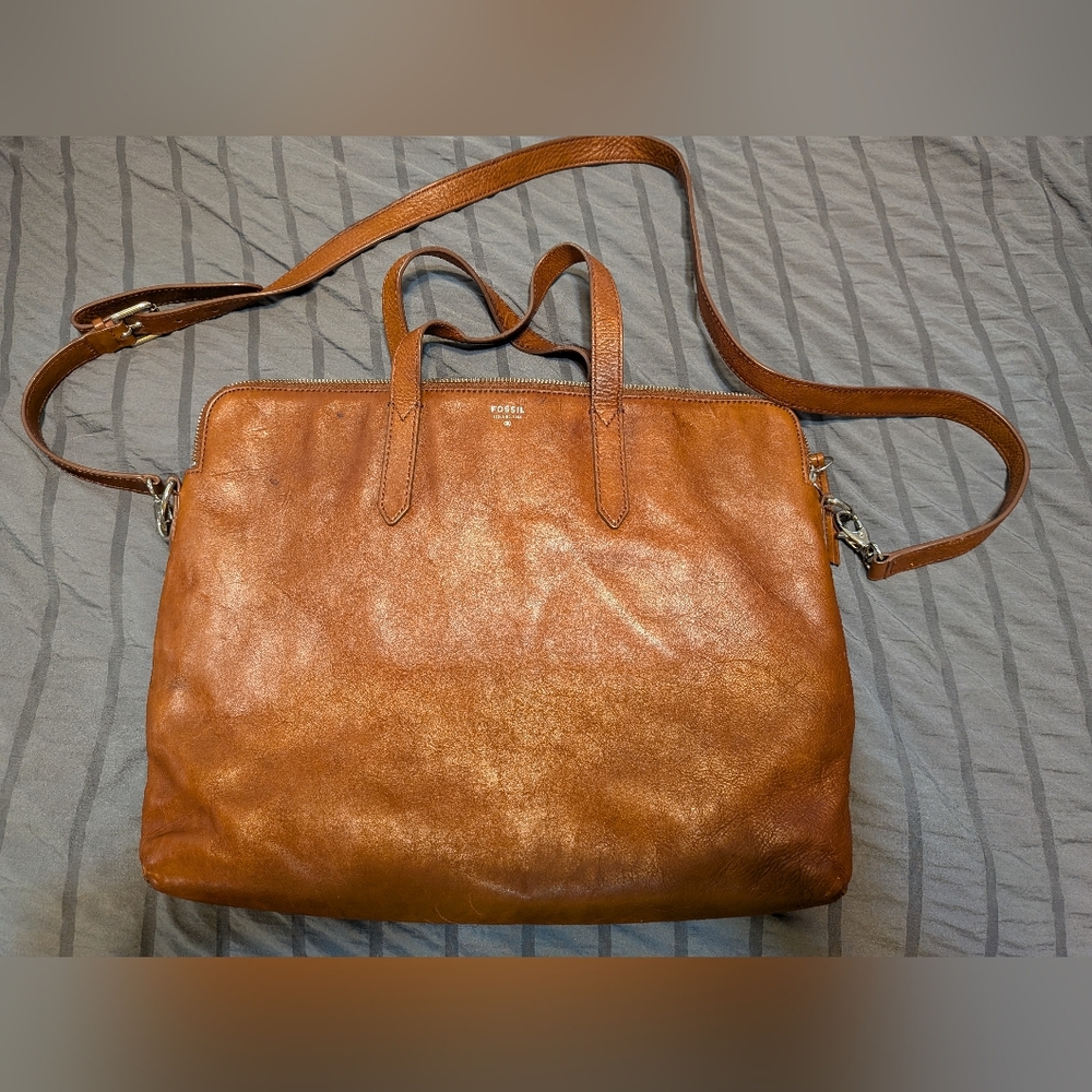 Fossil Cognac Brown Leather Laptop Bag